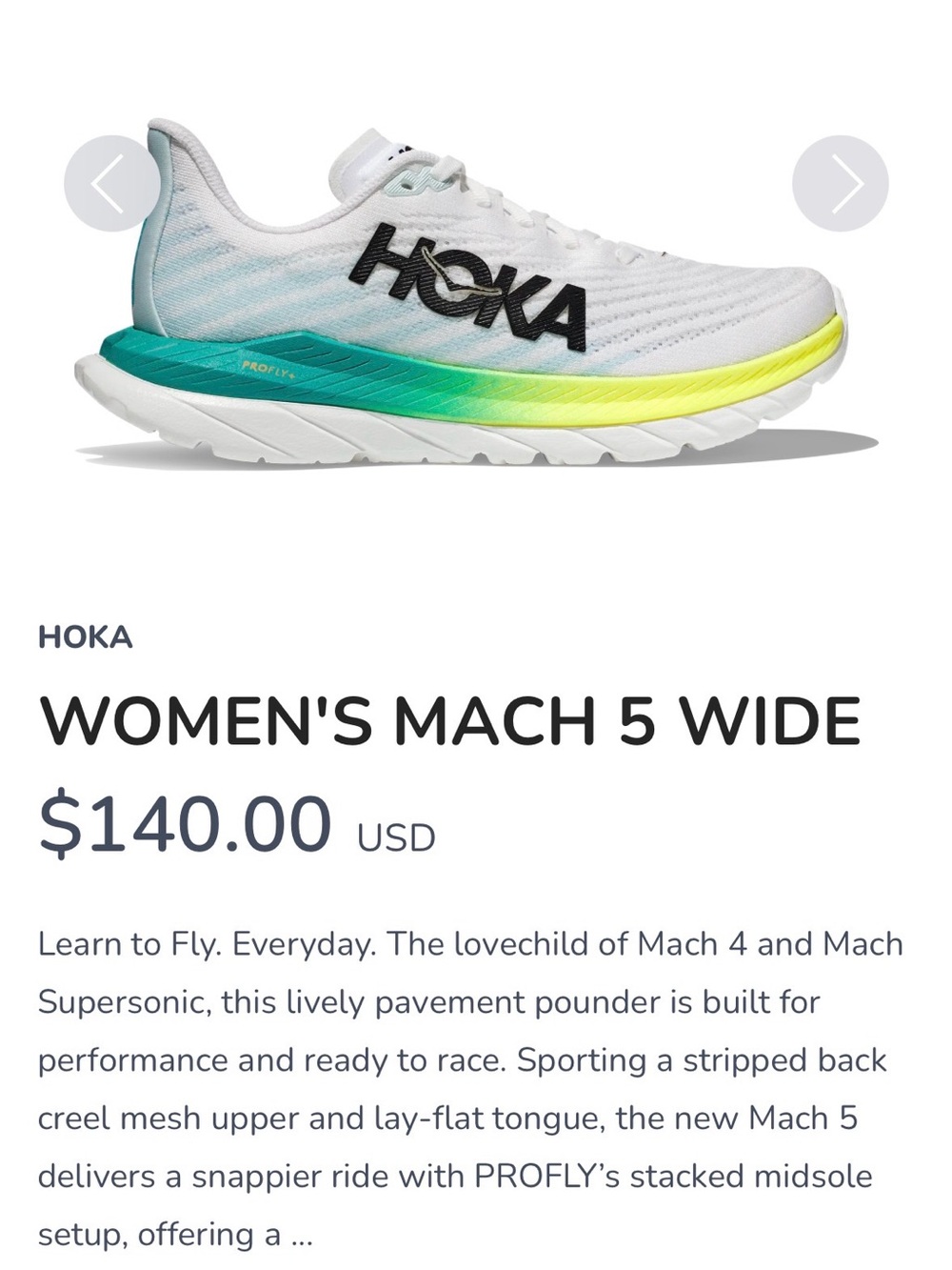 HOKA Women's Mach 5 Running Shoe - White/Green/Yellow | Women’s Size 7 Wide